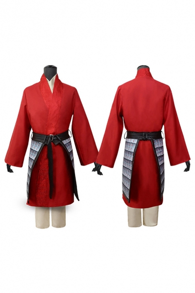 Cosplay Costume Applique Long Sleeve Surplice Neck Tied Patched Longline Wrap Coat in Red