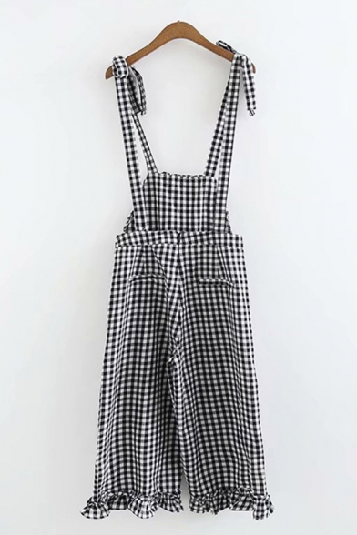 Cozy Girls Overalls Checked Pattern Bow Stringy Selvedge Pleated Pocket Cropped Length Overalls
