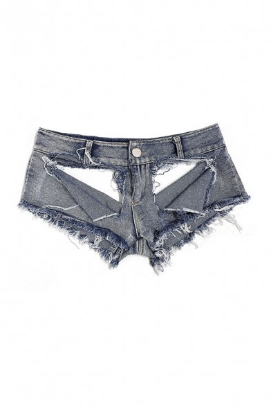 Dainty Shorts Acid Wash Low Waist Zip Closure Button Detail Mini Distressed Slim Fit Denim Shorts for Women