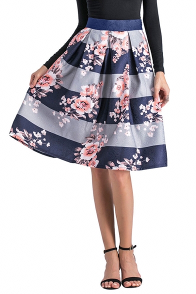 

Dainty Skirt Floral Leaf Plant Stripe Print Zip Placket Knee Length Pleated Detail Jacquard A-Line Skirt for Women, Blue, LM694819