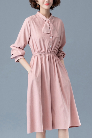 

Fashion Womens Linen and Cotton Plain Long Sleeve Tied Neck Button Up Mid Fit & Flared Dress, Green;pink, LM688642