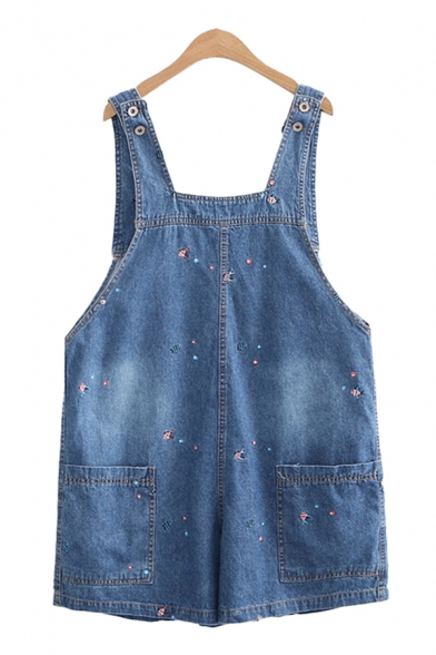 Fashionable Overalls Fish Bubble Embroidery Light Wash Pocket Stitch Button Short Denim Overalls for Ladies