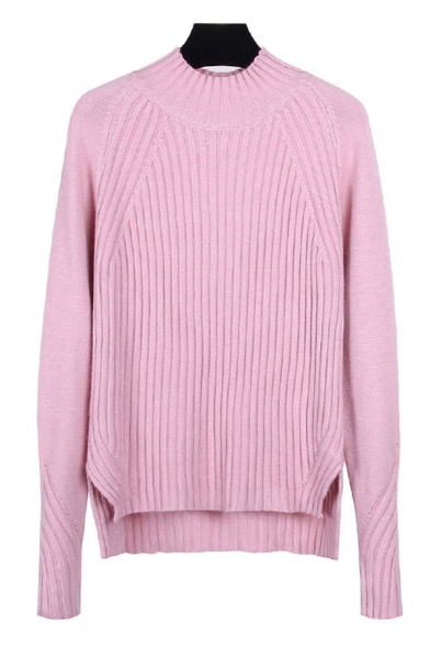 Fashionable Womens Solid Color Long Sleeve Crew Neck Slit Sides Knit Pullover Sweater in Pink