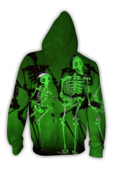 Halloween Style Skull 3D Print Long Sleeve Drawstring Zipper Front Loose Hoodie in Green