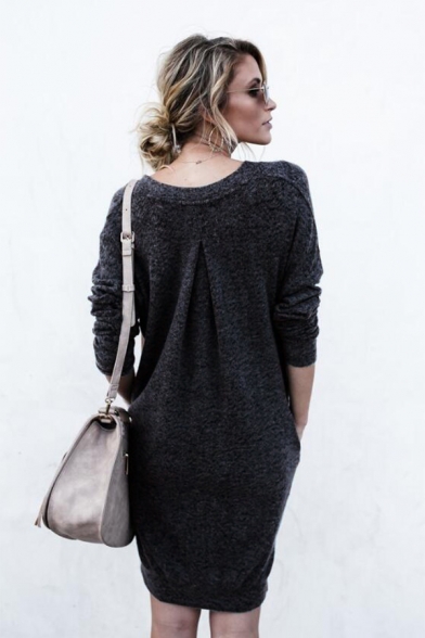 Leisure V-Neck Long Sleeves Split-Side Hem Fur Fluffy Pullover Mini Sweater Dress