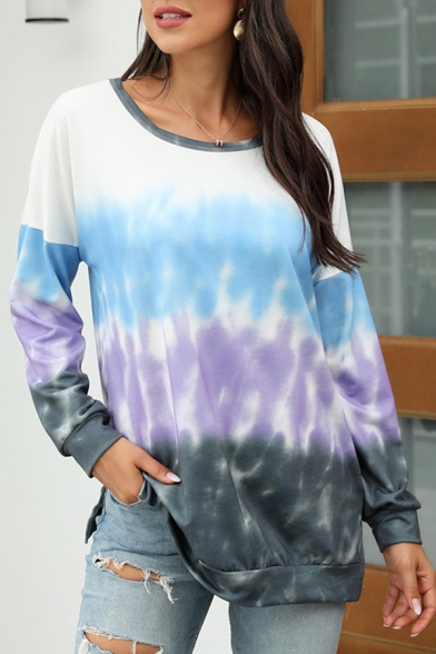 Leisure Womens Tie Dye Printed Long Sleeve Drop Shoulder Loose Fit Pullover Sweatshirt Top