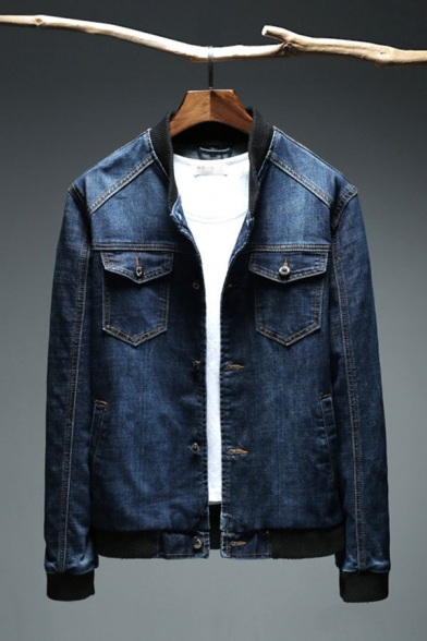Men's Chic Jacket Contrast Trim Long Sleeve Stand Collar Button Closure Pocket Regular Fitted Denim Jacket with Washing Effect