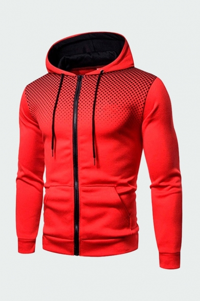 Men's Comfortable Hoodie Dots Geometric Pattern Zip Closure Pockets Long Sleeve Drawstring Slim Fit Sporty Hoodie