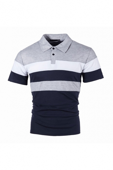 Men's Trendy Polo Shirt Color Block Stripe Pattern Button Spread Collar Short-sleeved Slim Fitted Polo Shirt