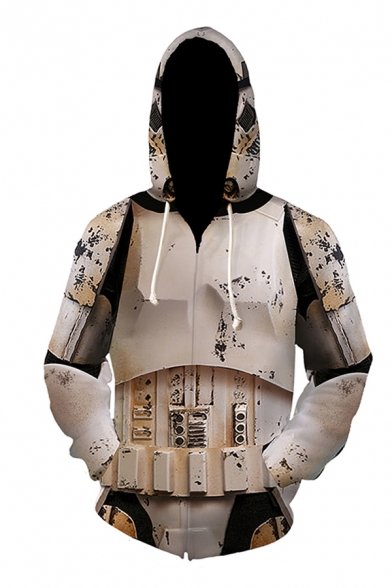 Mens Fashion 3D Hooded Sweatshirt Battle-damaged Robot Shell Pattern Zipper Pocket Drawstring Regular Fit Long Sleeve Hoodie