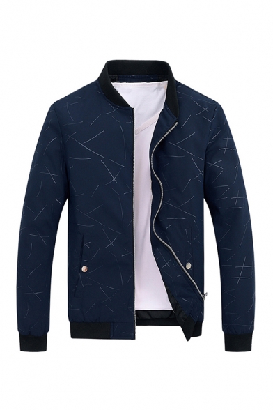 Mens Jacket Fashionable Abstract Line Printed Anti-Wrinkle Zipper up Long Sleeve Stand Collar Regular Fitted Varsity Jacket
