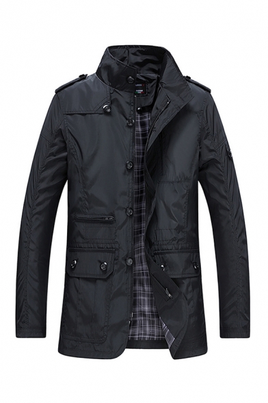 Mens Jacket Trendy Plain Plaid-Lined Pockets Epaulets Zipper down Mock Neck Long Sleeve Slim Fitted Casual Jacket