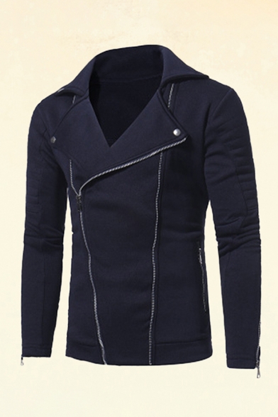 Mens Jacket Trendy Solid Color Zipper Cuffs Wide Lapel Zipper up Front Long Sleeve Slim Fitted Casual Jacket