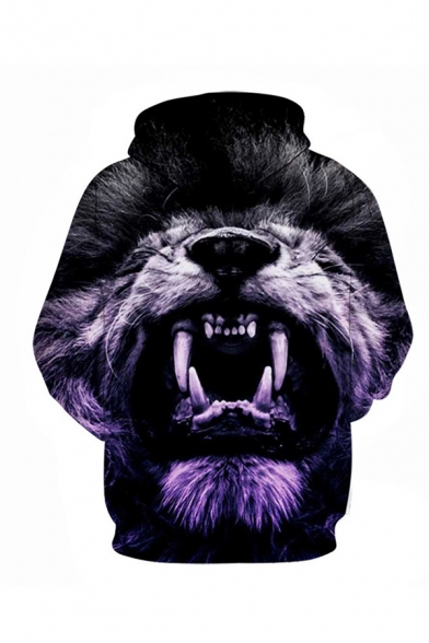Mens Popular Hoodie Lion Head 3D Print Pocket Drawstring Fitted Long Sleeve Hoodie in Black