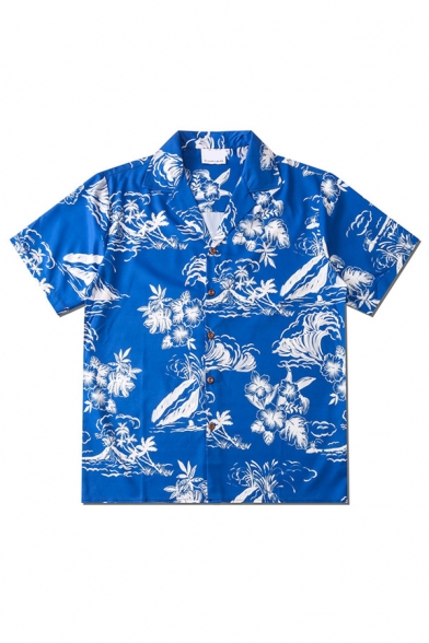 Mens Shirt Chic Hibiscus Leaf Volcano Cloud Pattern Notch Collar Button-down Regular Fit Short Sleeve Blue Shirt