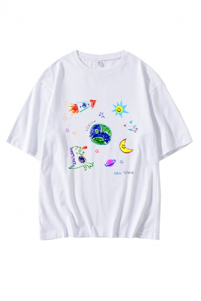 Popular Graffiti Letter Print Round Neck Half Sleeve Loose Fit Graphic T-Shirt