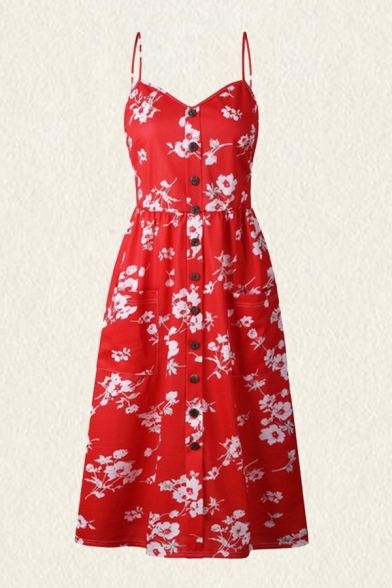 Popular Womens Allover Flower Printed Spaghetti Straps Button up Mid Smock Slip Dress