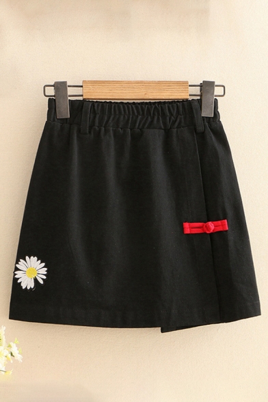 Pretty Womens Skirt Floral Embroidery Button Split High Rise Elastic Mini A-Line Skirt