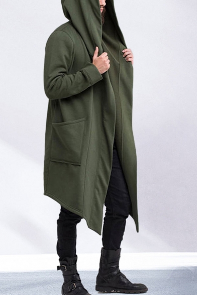 Retro Mens Jacket Solid Color Cardigan Asymmetric Hem Large Hood Loose Fitted Casual Jacket