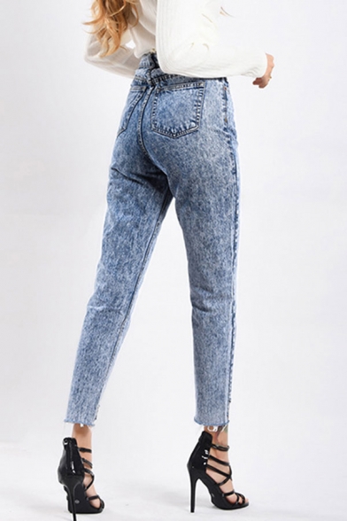 Retro Womens Jeans Acid Wash Asymmetric Hem High Waist Zipper Fly Slim Fit 7/8 Length Tapered Jeans