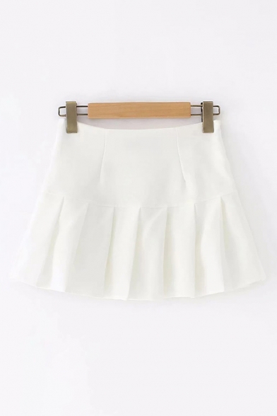 Retro Womens Skirt Solid Color High Rise Mini A-Line Pleated Skirt