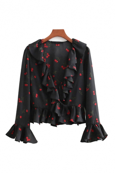 Sexy Girls All Over Cherry Printed Bell Long Sleeve Ruffled Trim Surplice Neck Loose Fit Blouse Top in Black