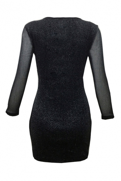 Sexy Ladies Black Glitter Sheer Long Sleeve Deep V-neck Half Zipper Mini Bodycon Dress