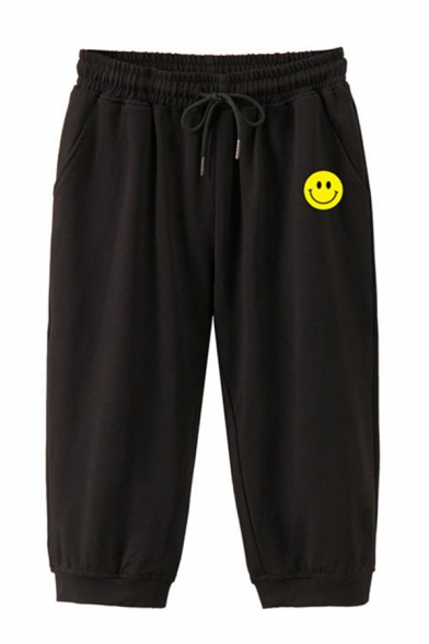 Stylish Mens Shorts Smile Face Pattern Pocket Drawstring Cuffed Mid Rise Regular Fitted Shorts