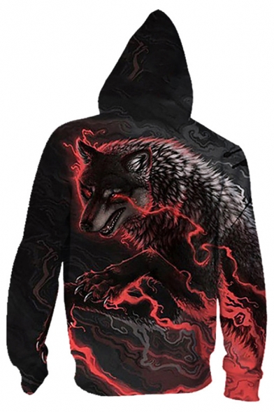 Trendy Mens Hooded Sweatshirt Wolf Abstract Fire 3D Pattern Zipper Drawstring Pockets Long Sleeve Regular Fitted Hooded Sweatshirt
