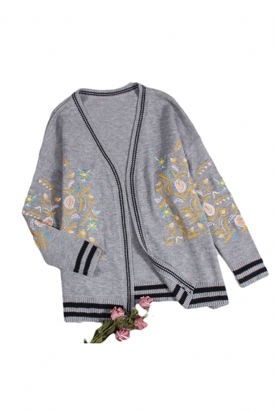 Trendy Womens Flower Embroidered Stripe Printed Long Sleeve Open Front Knit Loose Fit Cardigan
