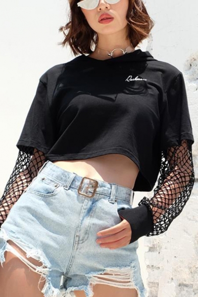 Trendy Womens Letter Printed Mesh Patchwork Long Cuffed Sleeve Regular Fit Cropped Tee Top