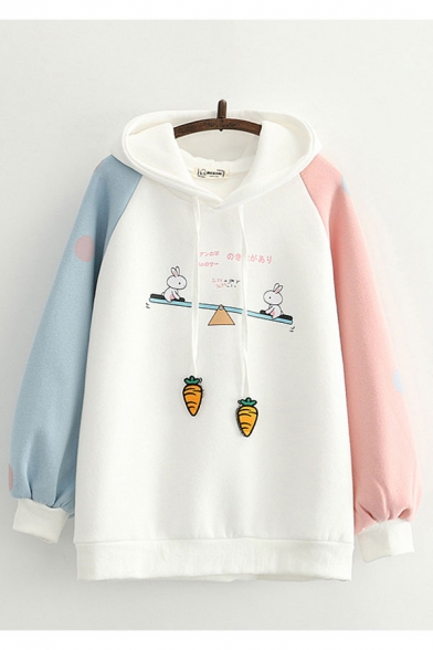 

Unique Color Block Cartoon Rabbit Japanese Letter Graphic Print Carrot Drawstring Raglan Long Sleeve Loose Fit Hoodie for Ladies, White;navy, LC705148