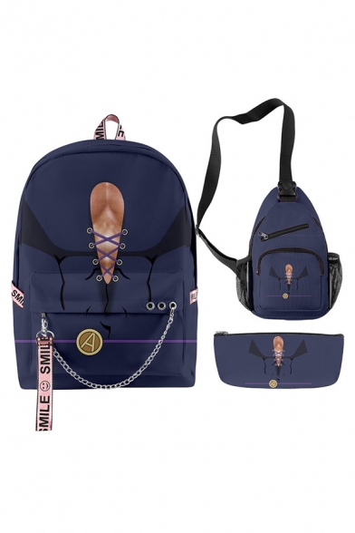 Unisex Novelty JoJo's Bizarre Adventure Chain Embellished Grommets Backpack & Zip-Pocket Shoulder Bag & Pencil Case Set