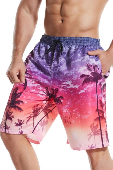 Vacation Tree Ombre Patterned Drawstring Waist Relaxed Fit Knee Length Shorts for Men