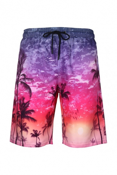 Vacation Tree Ombre Patterned Drawstring Waist Relaxed Fit Knee Length Shorts for Men