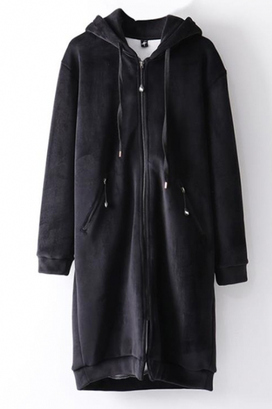 Warm Hooded Zippered Long Sleeves Plain Velvet Longline Coat with Pockets