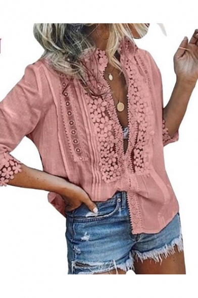 Women's Fashion Simple Plain Deep V-Neck 3/4 Length Sleeve Cutout Detail Loose Blouse