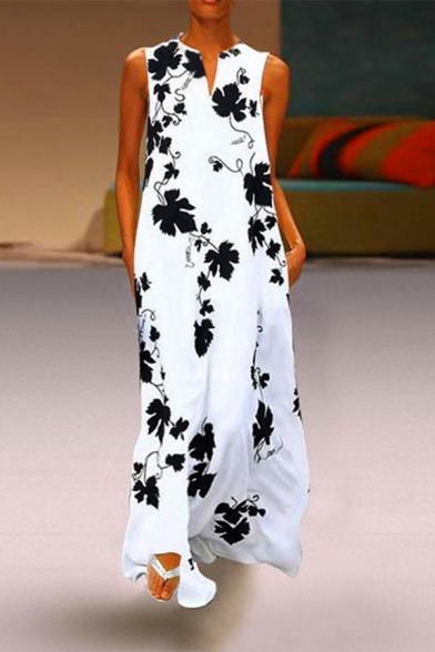 Women's Hot Fashion Floral Print Round Neck Sleeveless Maxi Dress