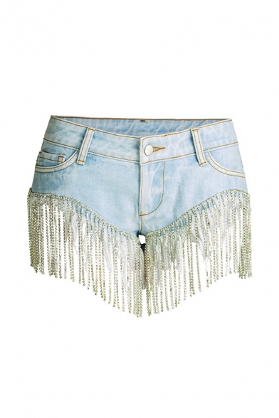 Womens Blue Shorts Chic Light Wash Rhinestone Chain Fringe Frayed Cuffs Low Rise Zipper Fly Regular Fitted Denim Shorts