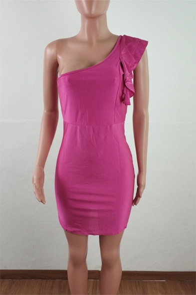Womens Popular Solid Color Puff Single Sleeve One Shoulder Slim Fitted Mini Club Dress
