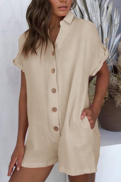 Womens Rompers Casual Plain Front Button Detail Turn-down Collar Loose Fitted Short Roll-up Sleeve Rompers