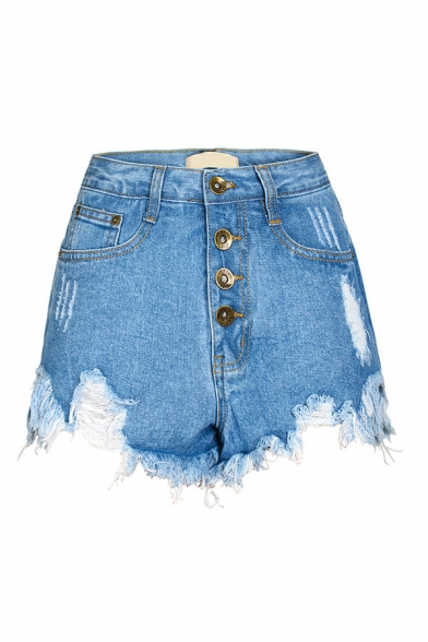 Womens Shorts Blue Simple Faded Wash Ripped Frayed Cuffs Mid Waist Single-Breasted Regular Fitted Denim Shorts