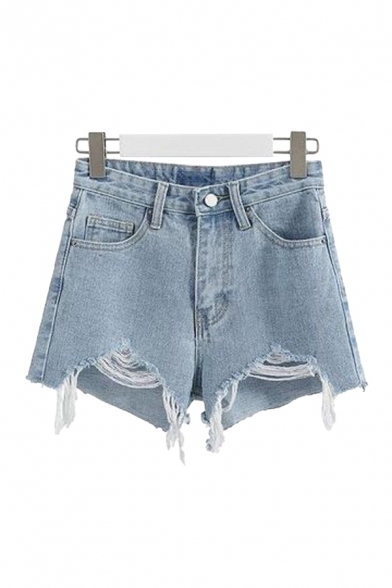 Womens Shorts Casual Solid Color Faded Wash Frayed Hem Zipper Fly A-Line Regular Fitted Denim Shorts