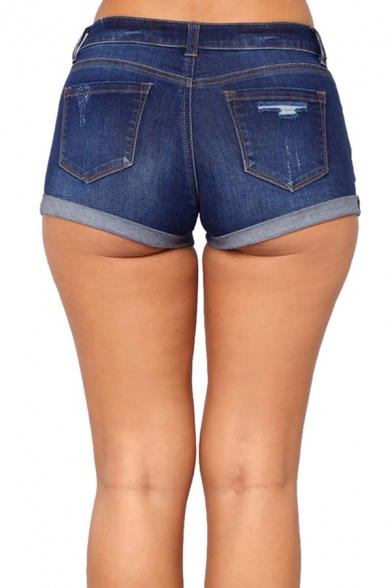 Womens Shorts Stylish Medium Wash Distressed Low Waist Rolled Cuffs Zipper Fly Slim Fitted Denim Short Shorts
