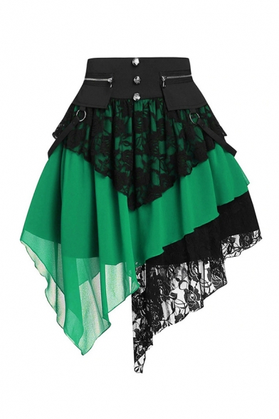 

Womens Skirt Fashionable Lace Patchwork Asymmetric Hem Zipper Pockets Button Embellished Knee-Length A-Line Skirt, Blue;green;red;purple, LM692615