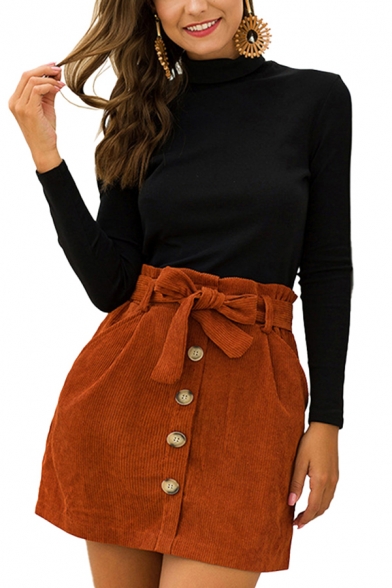 Womens Skirt Fashionable Solid Color Front Button Detail Wale Cord High Bud Waist Bow Tie Mini A-Line Skirt