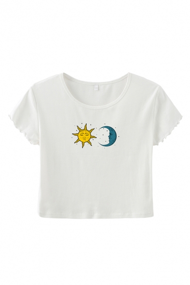 Womens T-Shirt Fashionable Sun Moon Pattern Lettuce Trim Rib Knitted Regular Fit Short Sleeve Round Neck T-Shirt