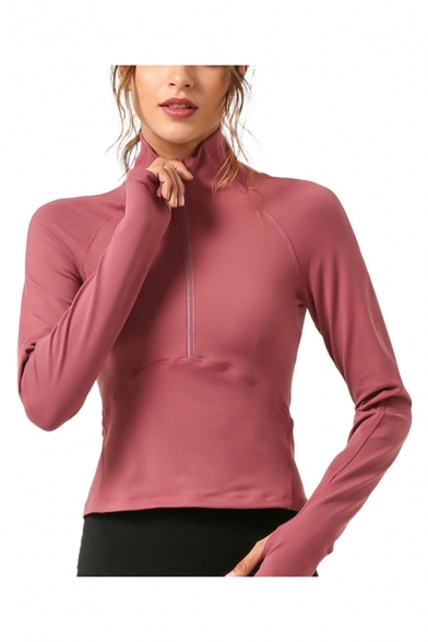 Yoga Womens Plain Long Sleeve High Collar Half Zipper Slim Fit T Shirt