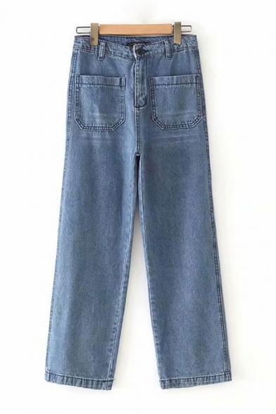 Basic Womens Blue Jeans Pockets Zipper Fly Loose Fitted Long Straight Jeans with Washing Effect