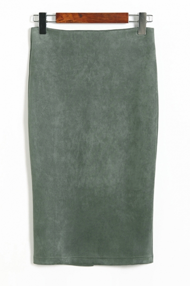 Basic Womens Skirt Solid Color Suede High Waist Zippered Slit-Back Midi Pencil Skirt